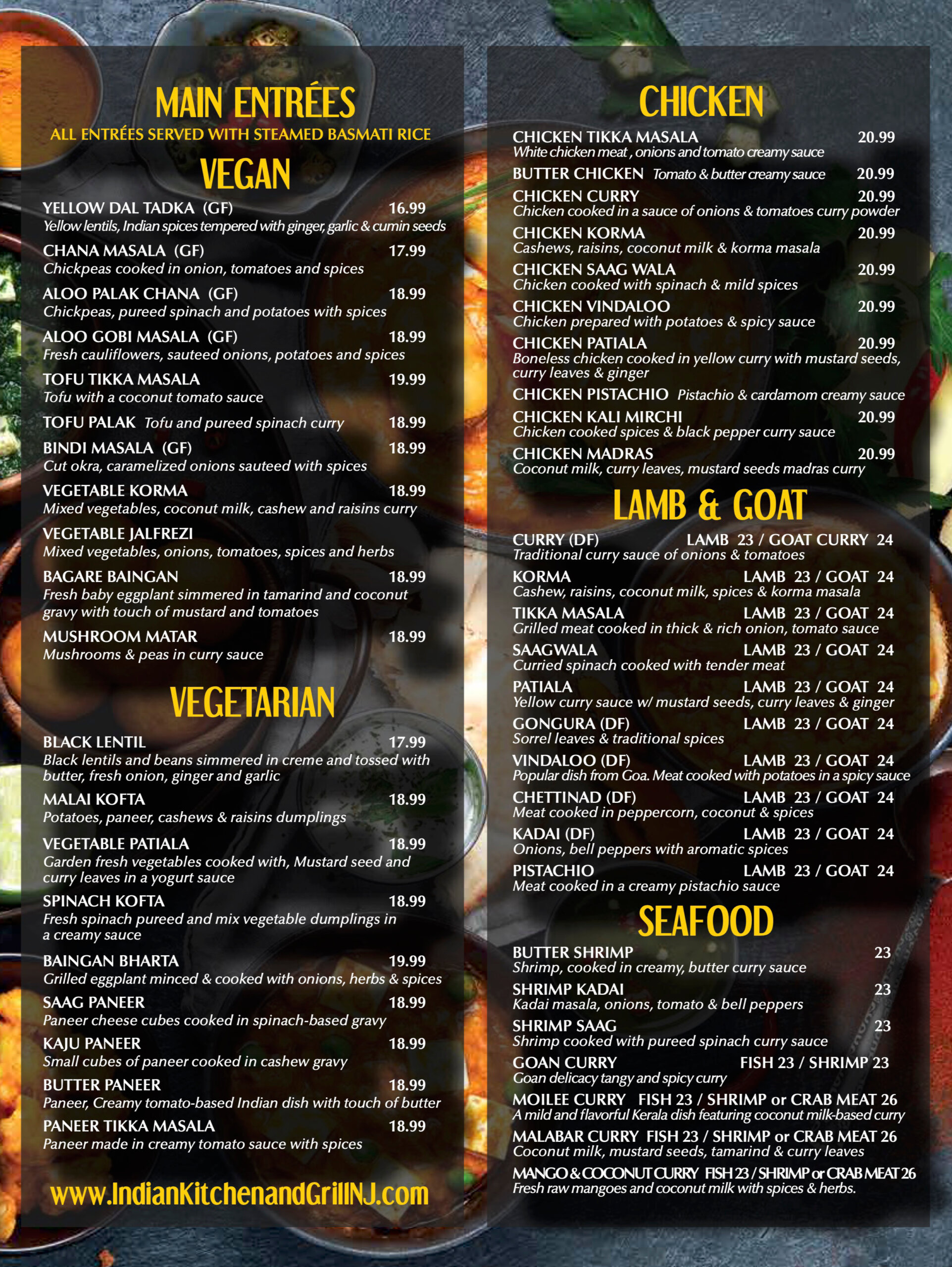 Indian Kitchen & Grill Main Entrees Menu